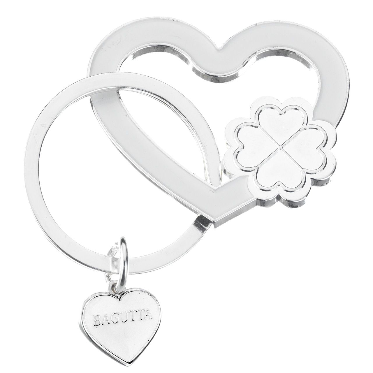 PORTACHIAVI SILVER PLATED CUORE SMALTATO BIANCO E QUADRIFOGLIO